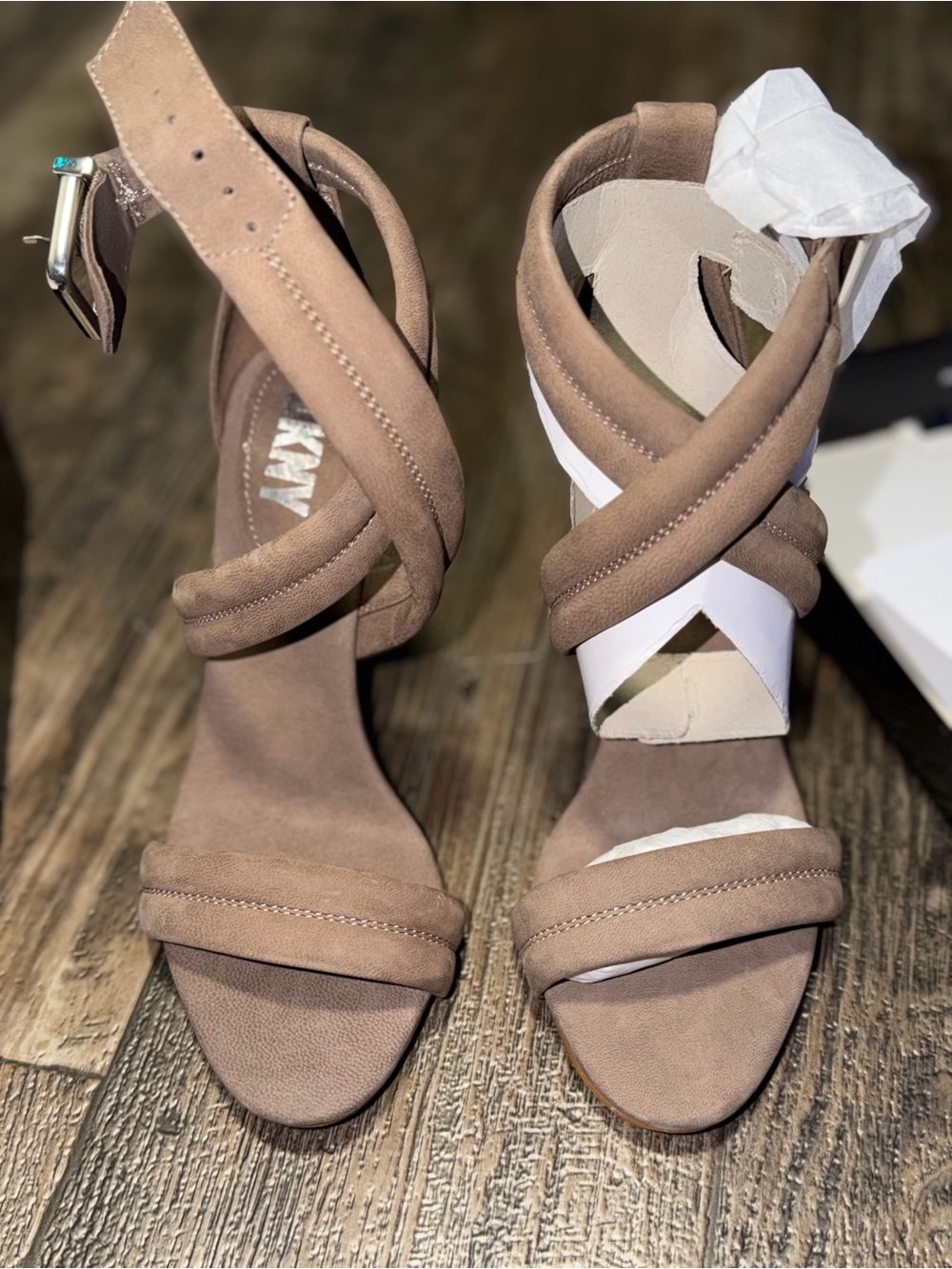 DKNY Taupe Wrap-Strap Block Heel Sandals